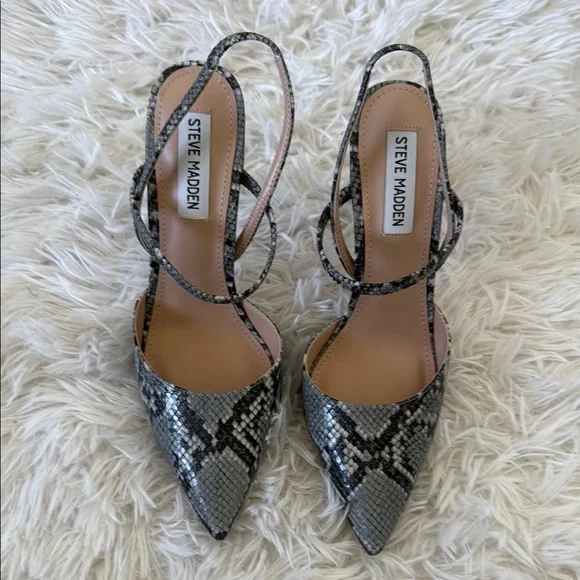 Steve Madden Gray and Black Slingback Heels Valentine Blu Snake - Picture 4 of 7